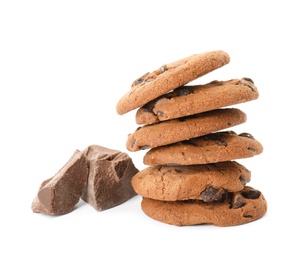 Stack of tasty chocolate chip cookies on white background