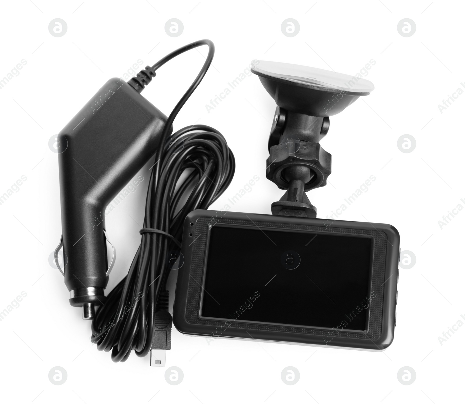Photo of Modern car dashboard camera with suction mount and charger on white background, top view