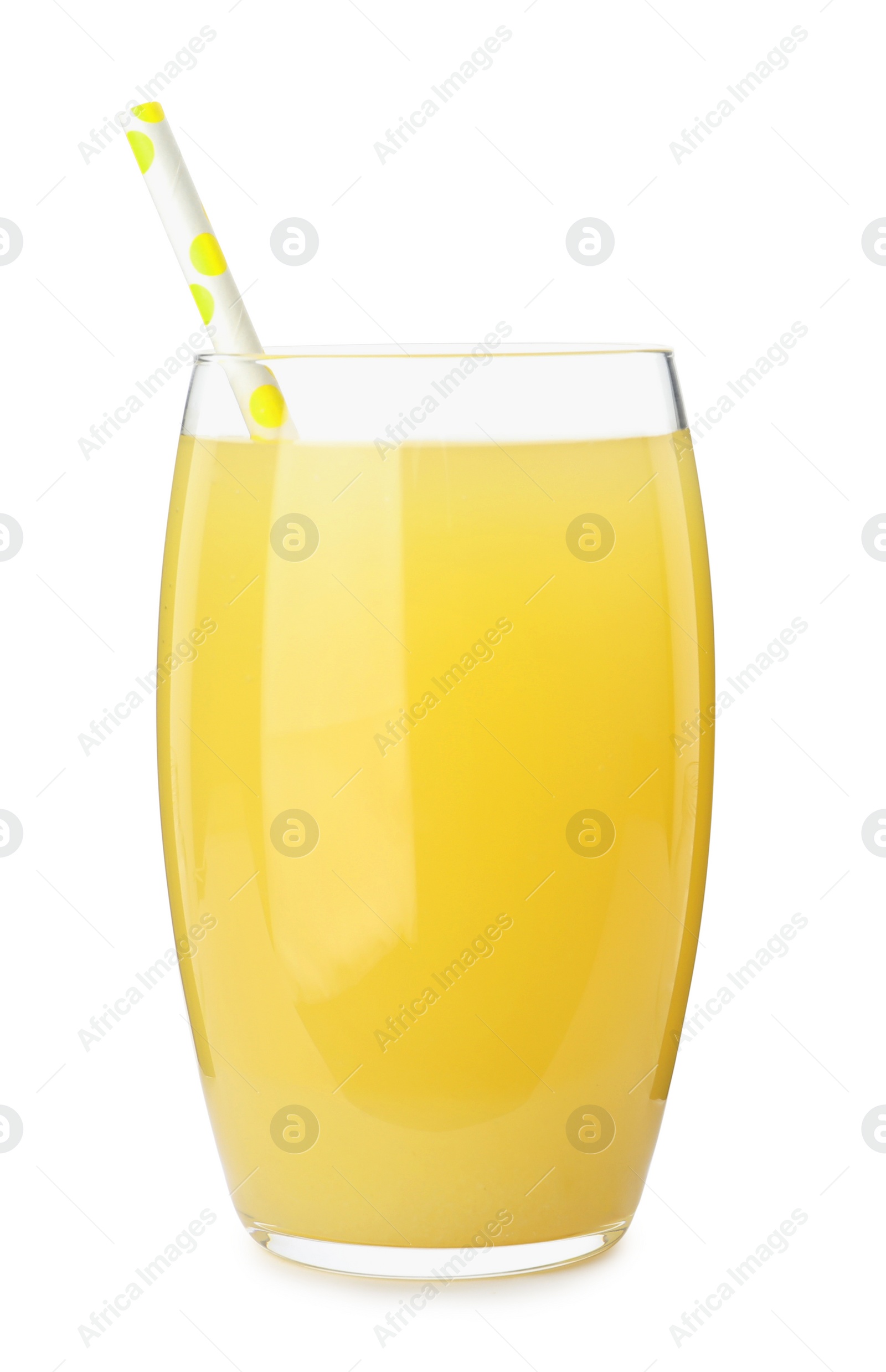 Photo of Delicious fresh pineapple juice isolated on white