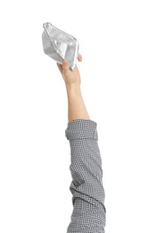 Photo of Man holding foil container isolated on white, closeup. Waste recycling concept