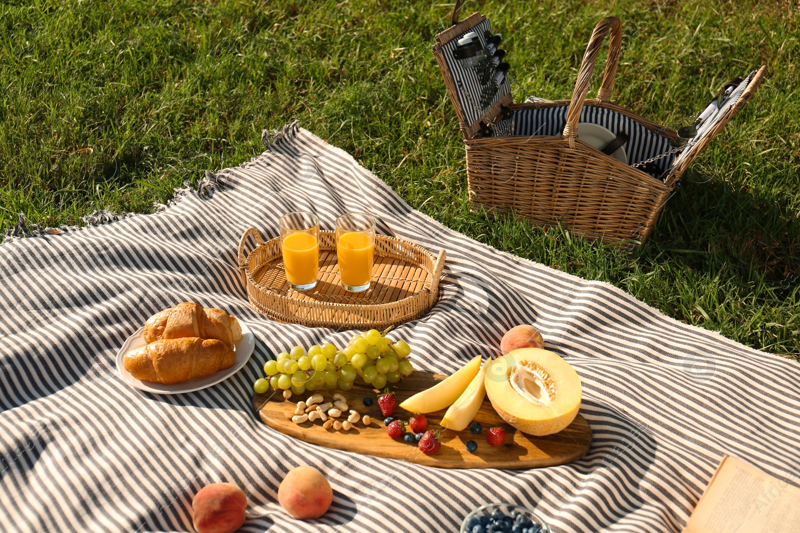Photo of Picnic blanket with delicious food and juice on green grass outdoors