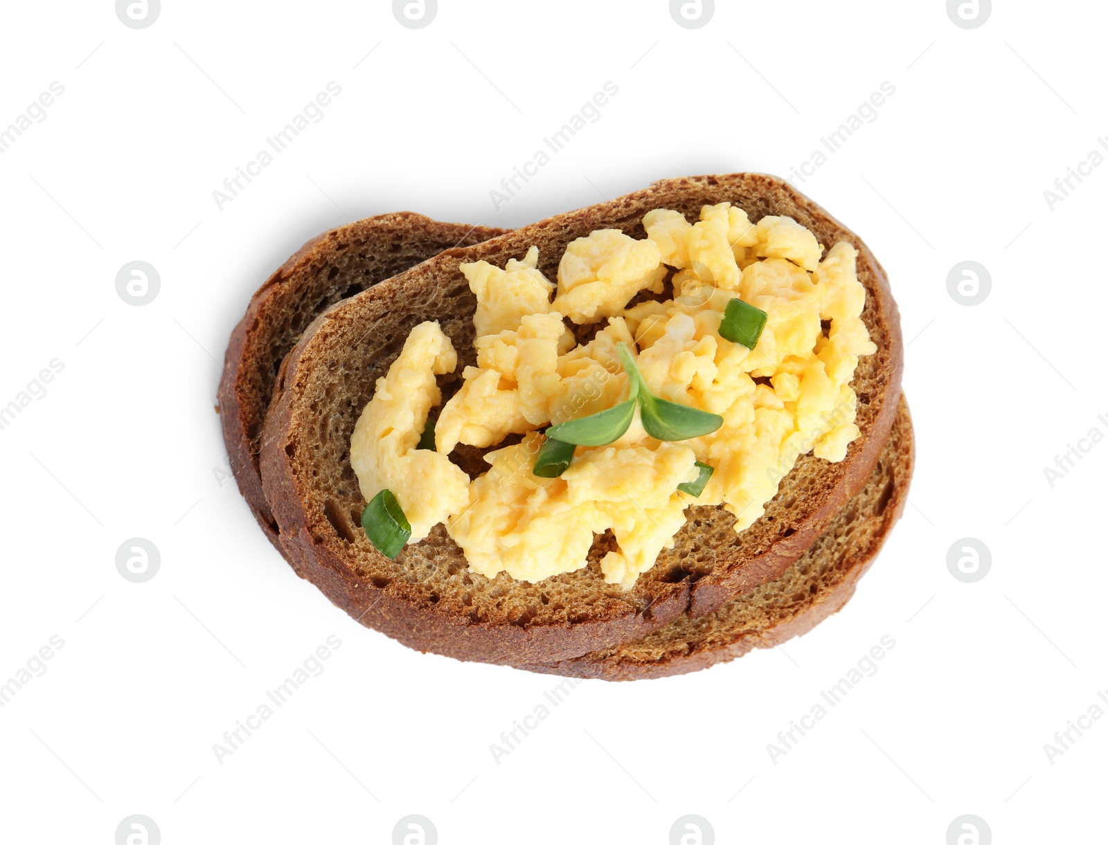 Photo of Tasty scrambled egg sandwich isolated on white, top view