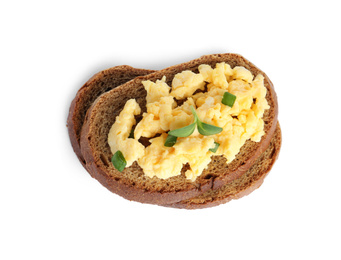 Tasty scrambled egg sandwich isolated on white, top view