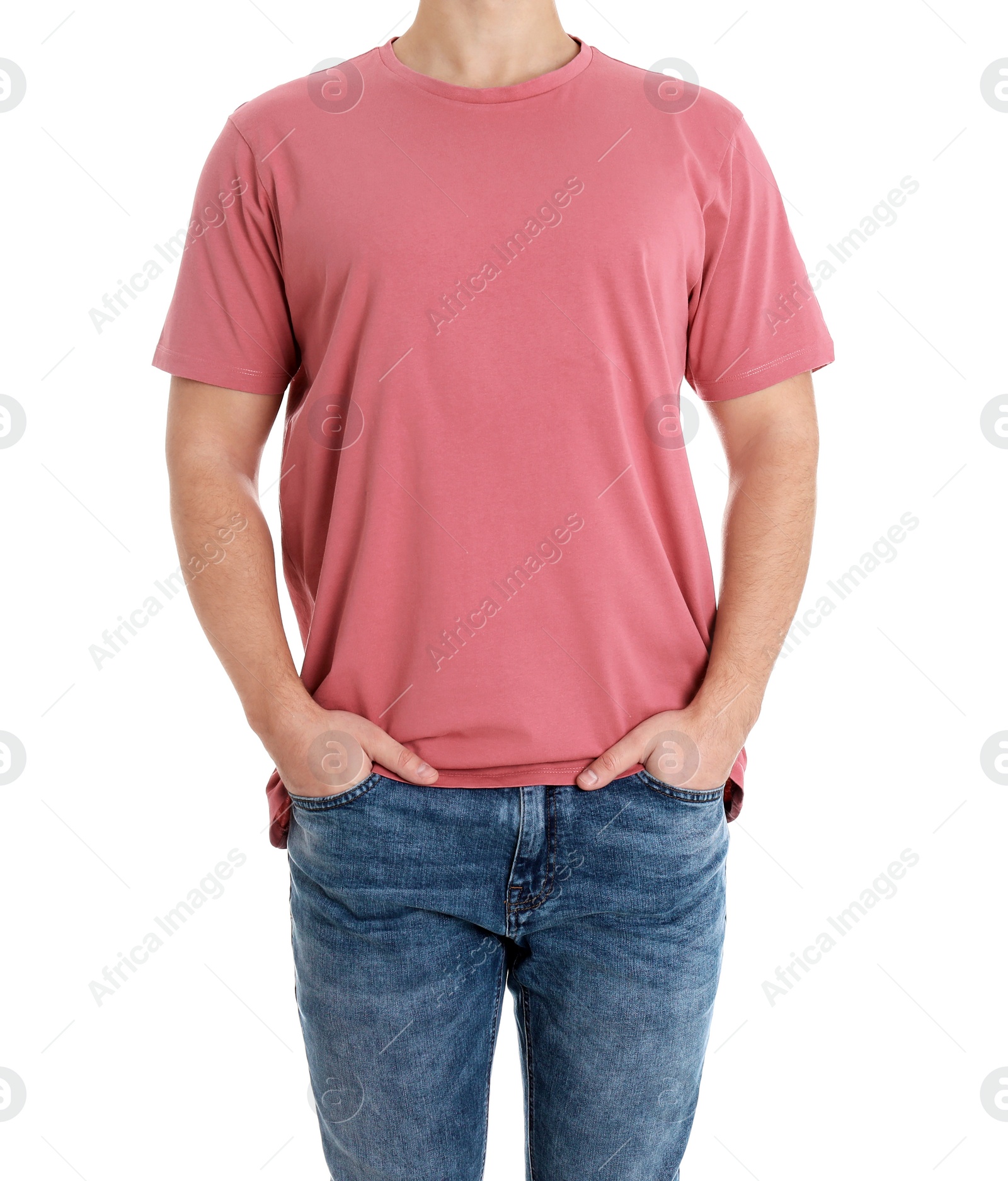 Photo of Young man on white background, closeup. Weight loss