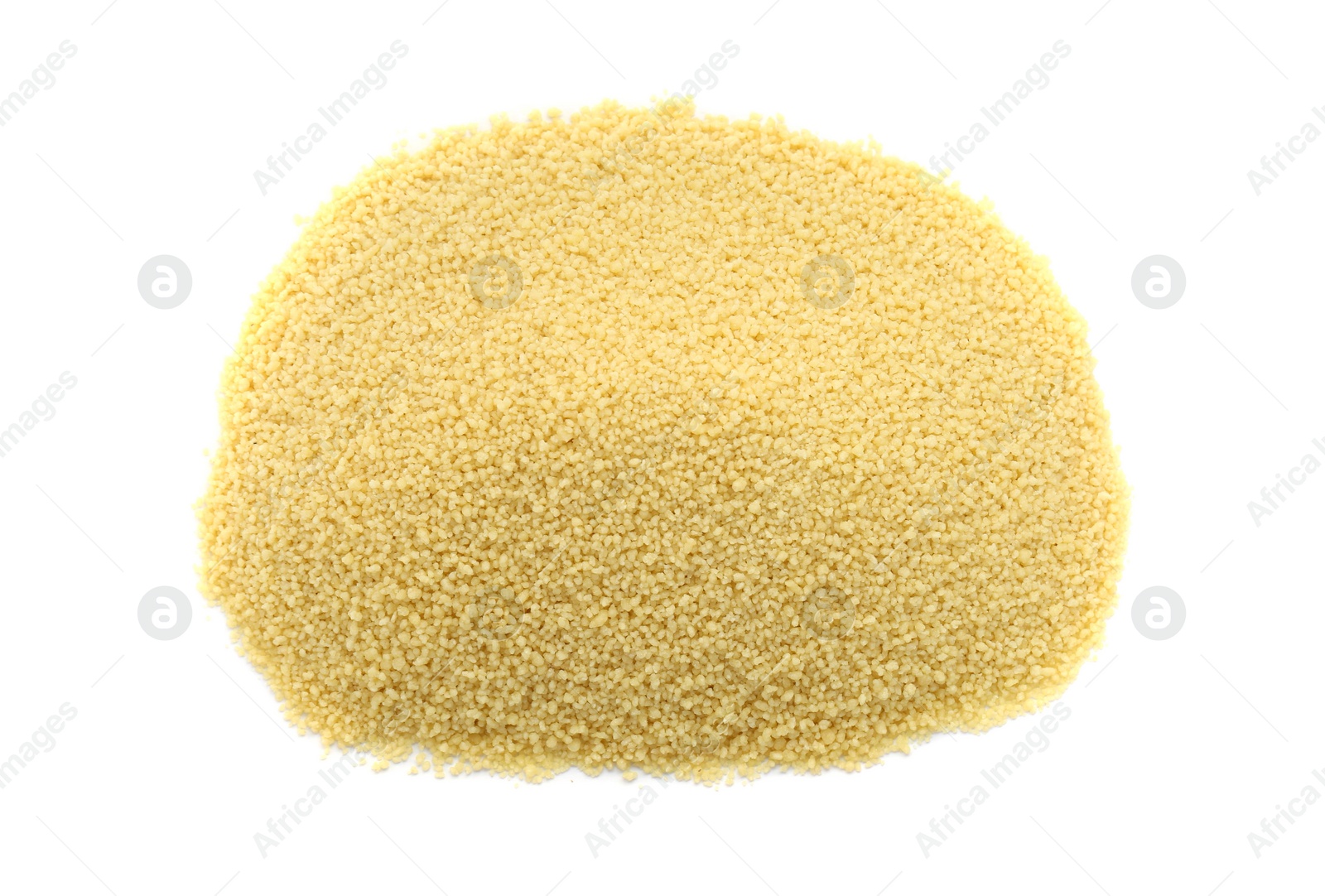 Photo of Heap of raw couscous on white background, top view