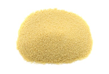 Photo of Heap of raw couscous on white background, top view