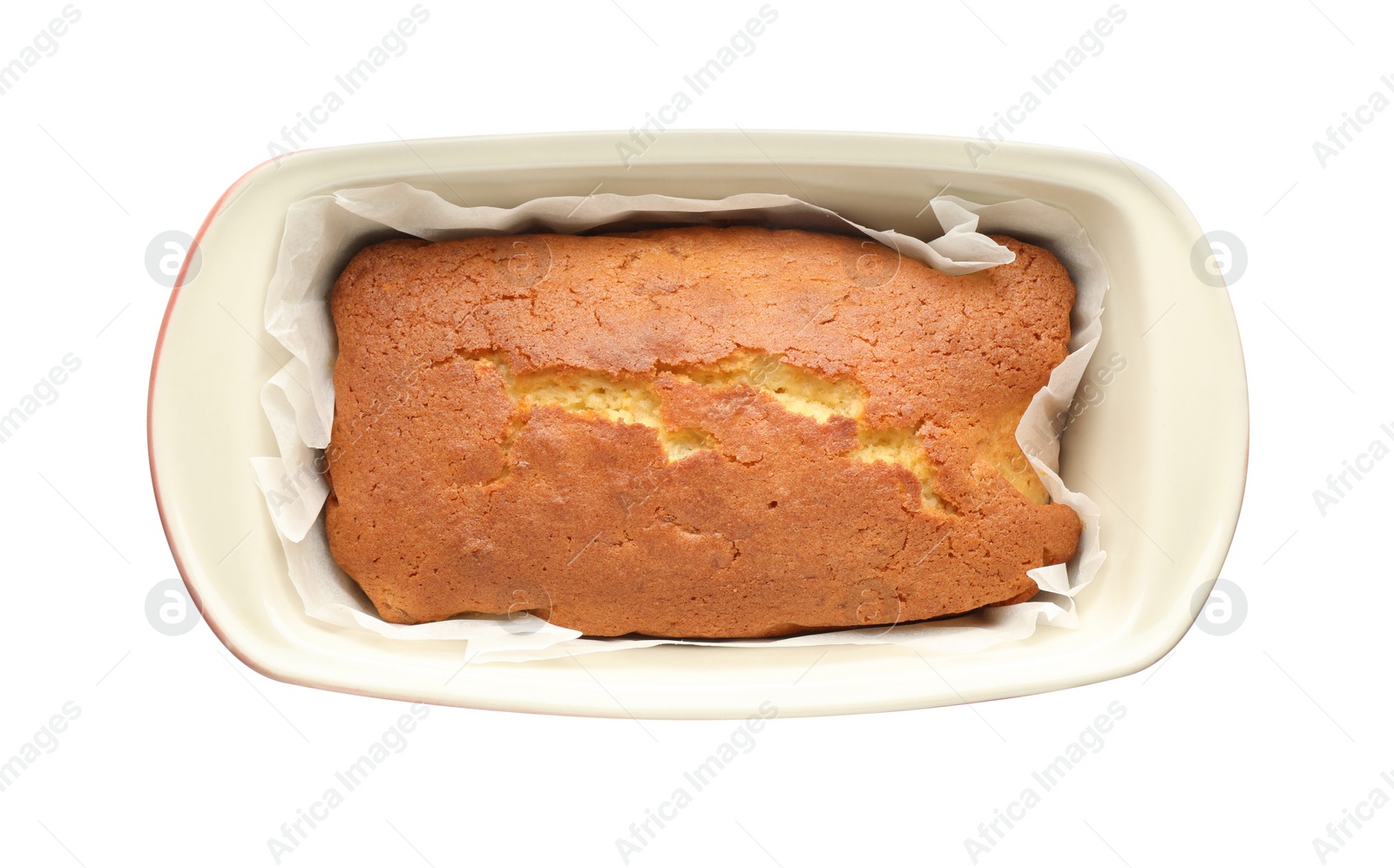Photo of Tasty lemon cake in baking dish isolated on white, top view