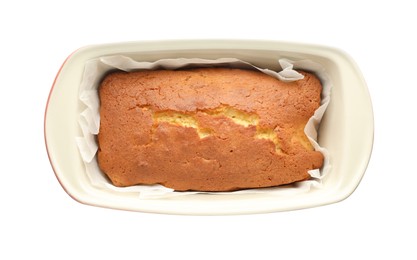 Tasty lemon cake in baking dish isolated on white, top view