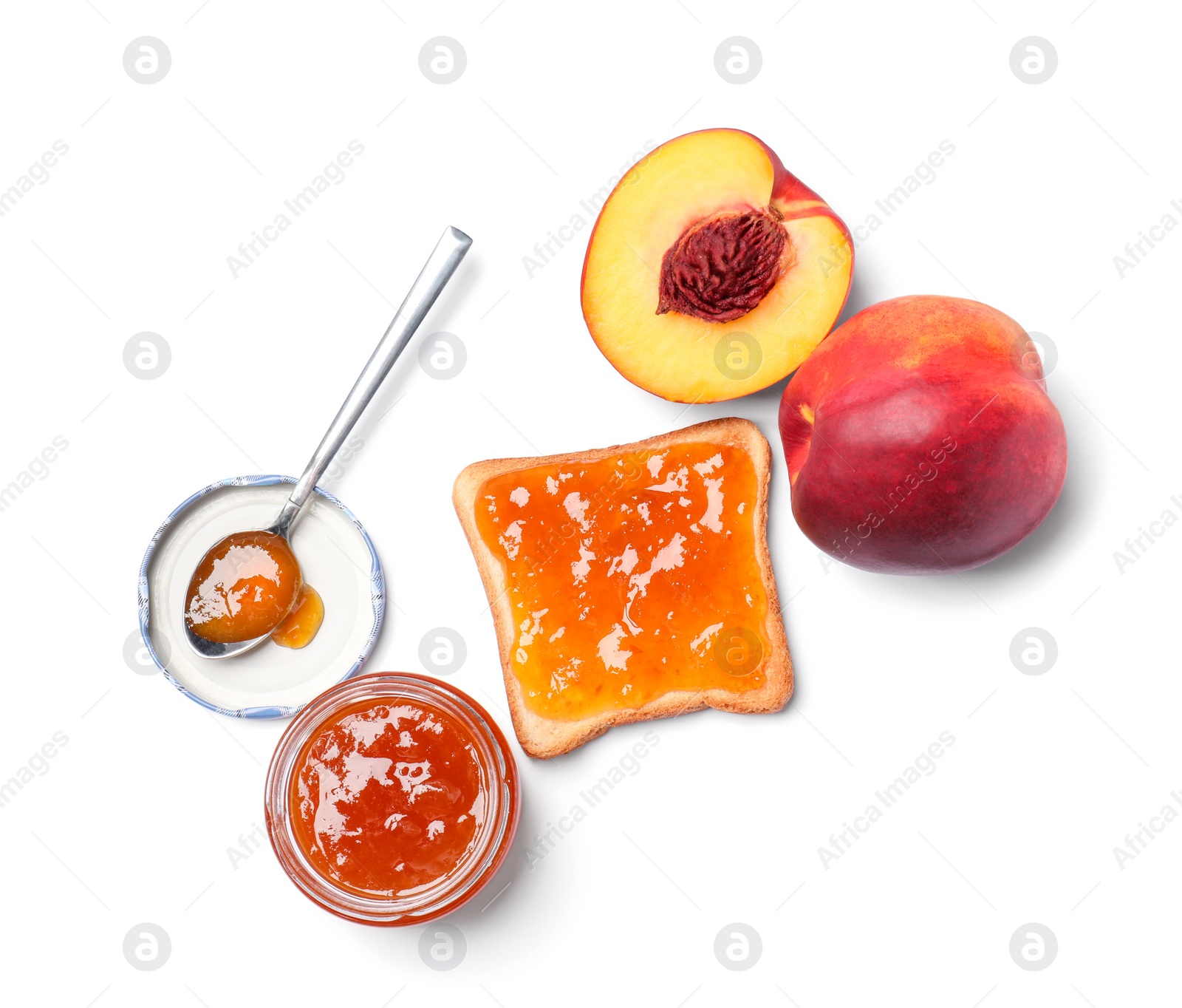 Photo of Delicious toast with jam and nectarine isolated on white, top view