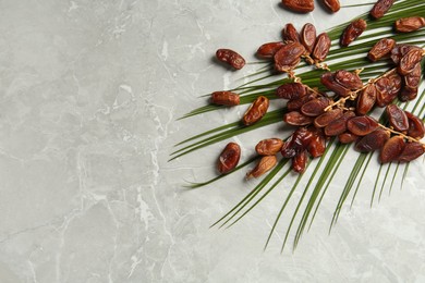 Tasty sweet dried dates and palm leaf on light table, flat lay. Space for text