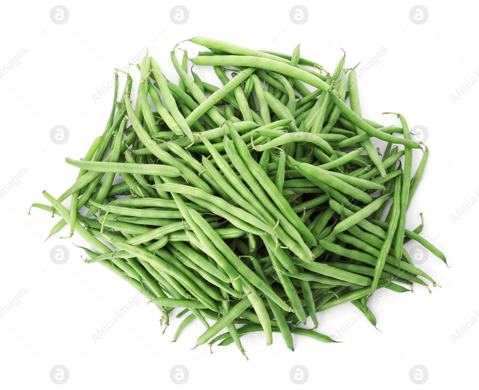 Photo of Fresh green beans on white background, top view