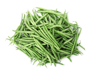 Photo of Fresh green beans on white background, top view