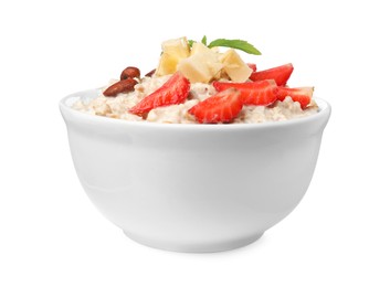 Photo of Tasty boiled oatmeal with strawberries, banana and almonds in bowl isolated on white