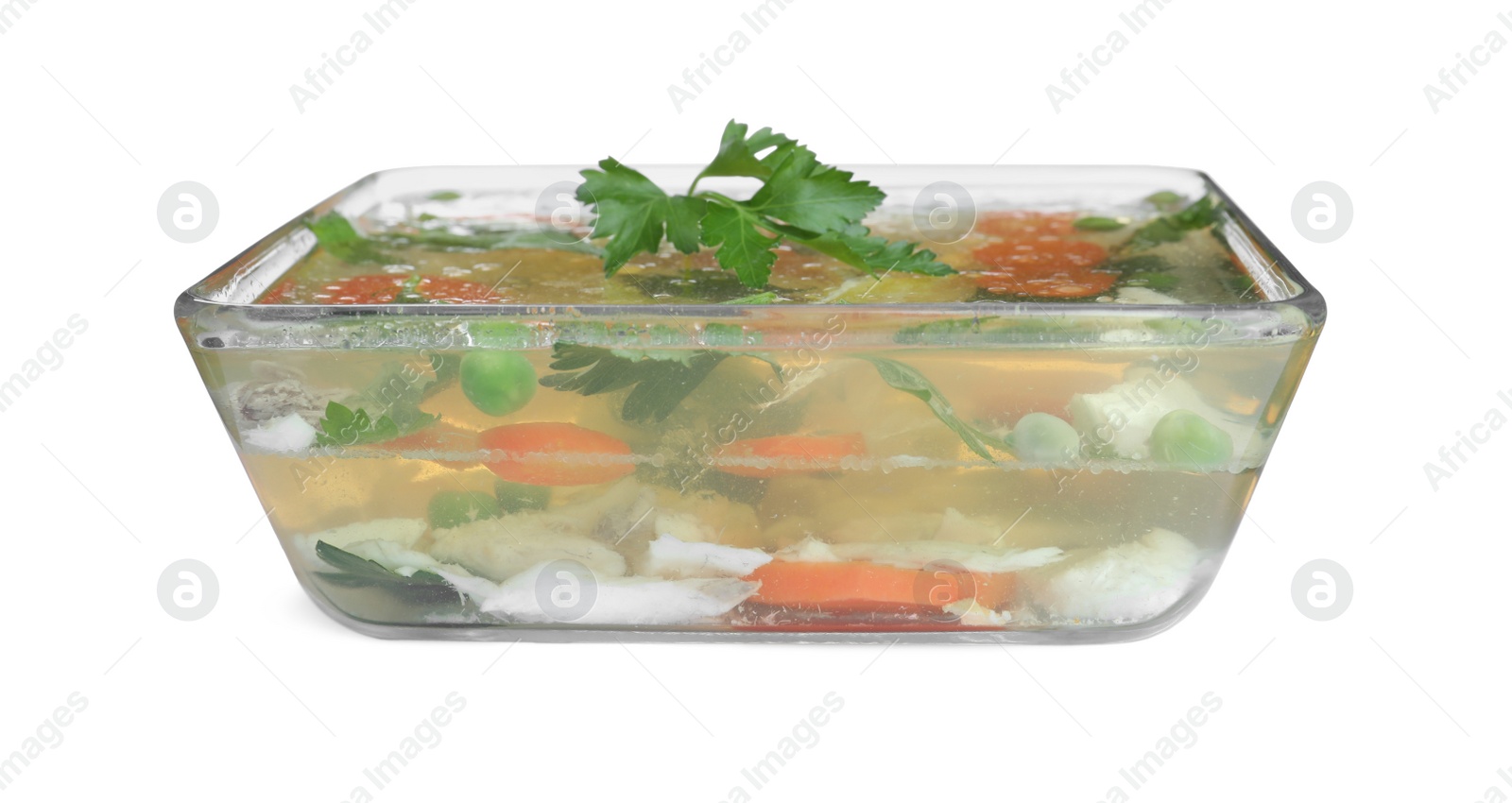 Photo of Delicious fish aspic in glass bowl isolated on white