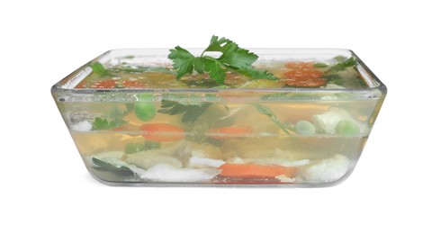 Photo of Delicious fish aspic in glass bowl isolated on white