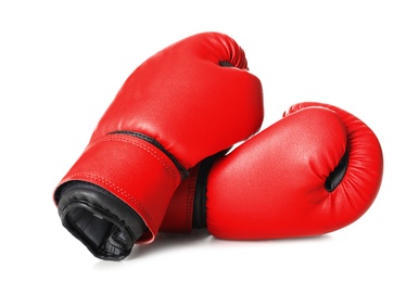 Photo of Pair of boxing gloves on white background