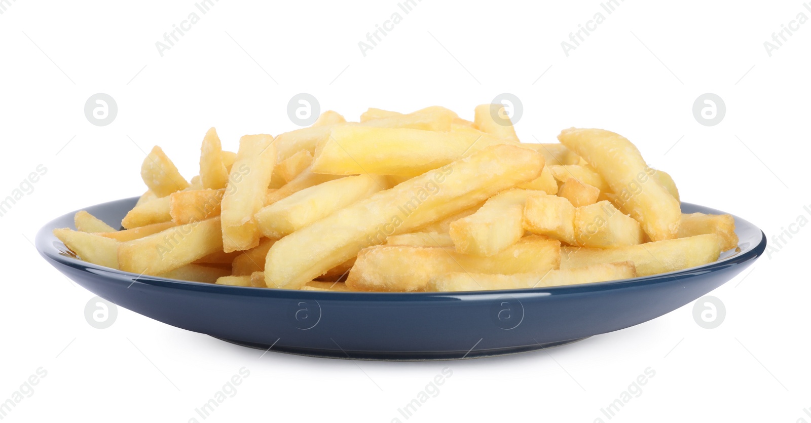 Photo of Plate with delicious french fries on white background