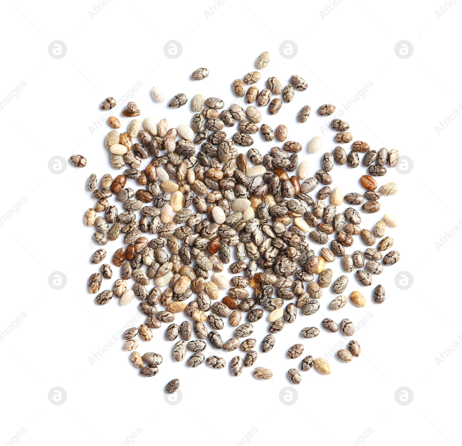 Photo of Chia seeds isolated on white, top view