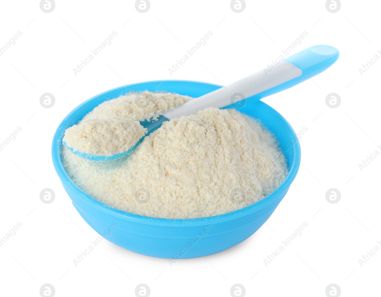 Photo of Dry healthy baby food in bowl on white background