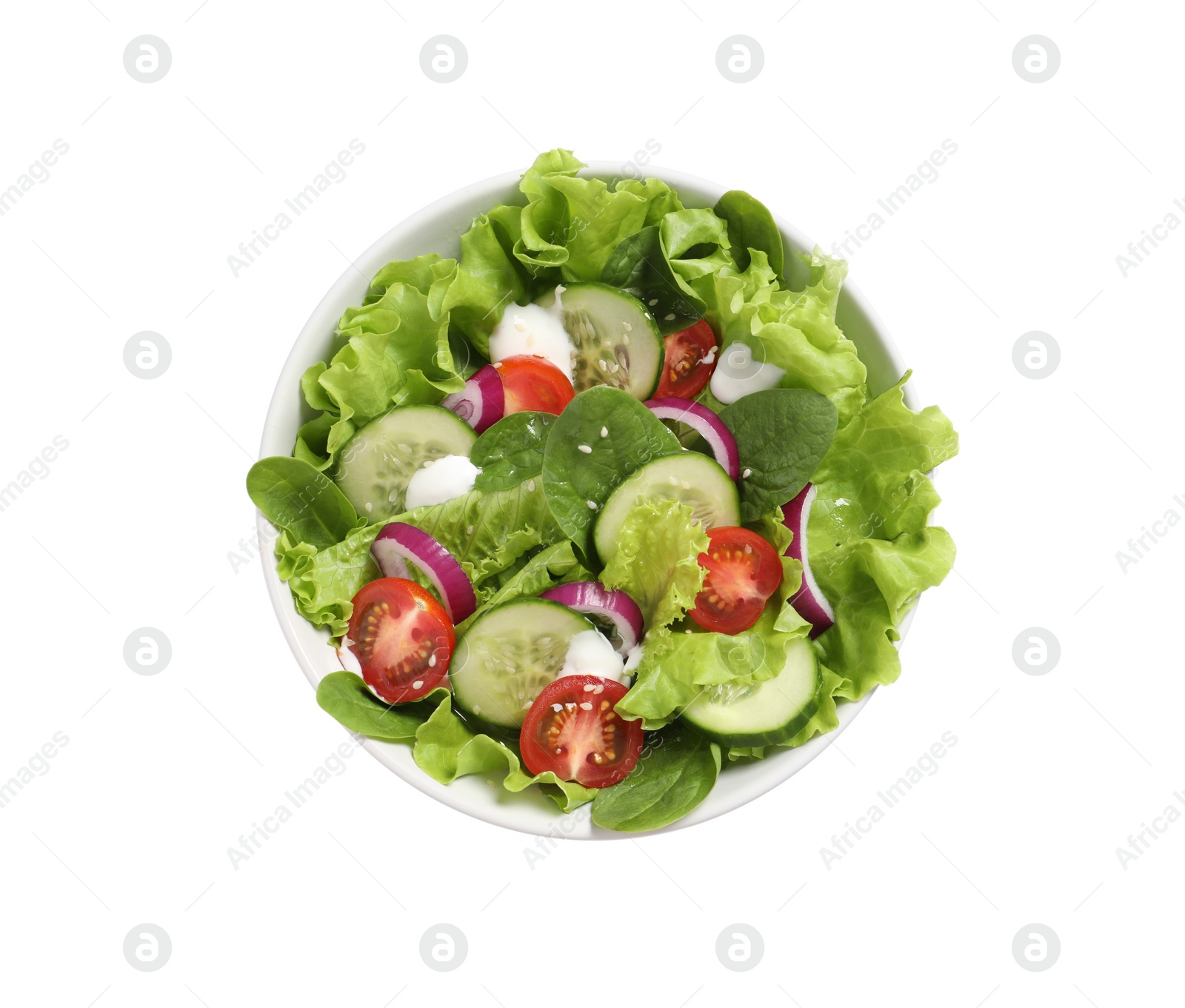 Photo of Delicious salad in bowl isolated on white, top view