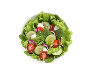 Photo of Delicious salad in bowl isolated on white, top view