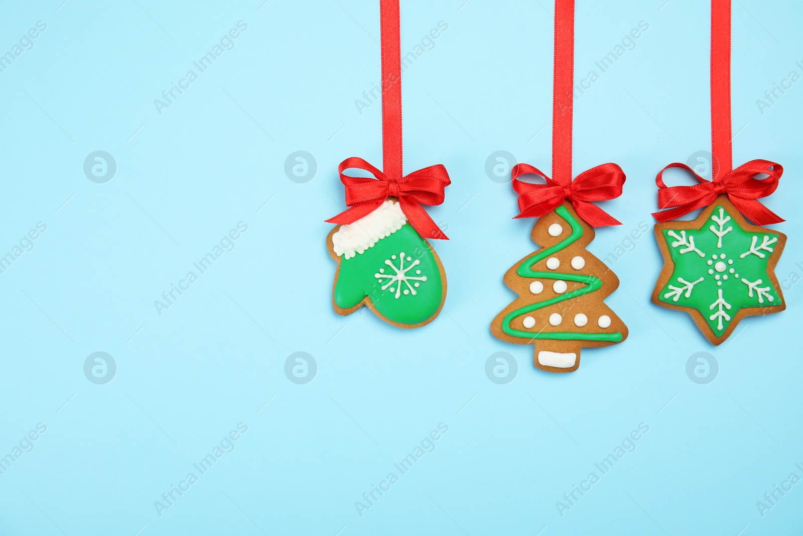 Photo of Tasty homemade Christmas cookies on color background, top view