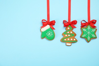 Photo of Tasty homemade Christmas cookies on color background, top view