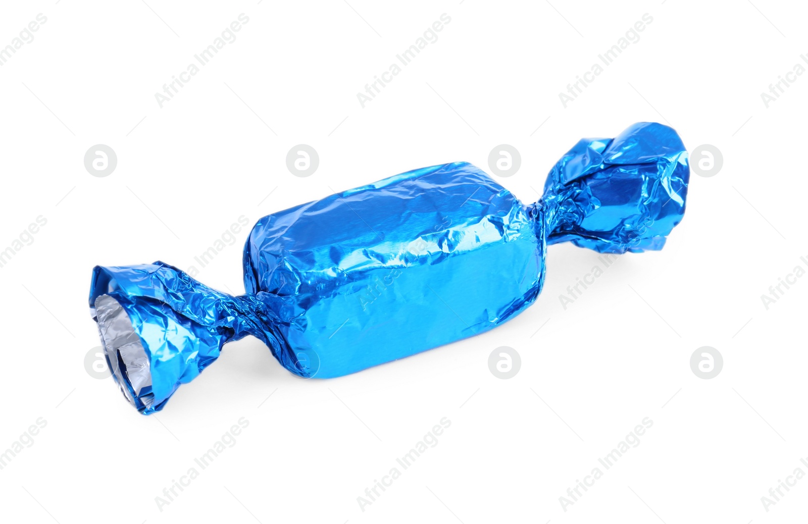 Photo of Tasty candy in light blue wrapper isolated on white