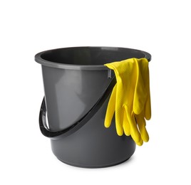 Photo of Grey bucket and rubber gloves on white background