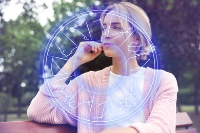 Image of Beautiful young woman outdoors and zodiac wheel illustration