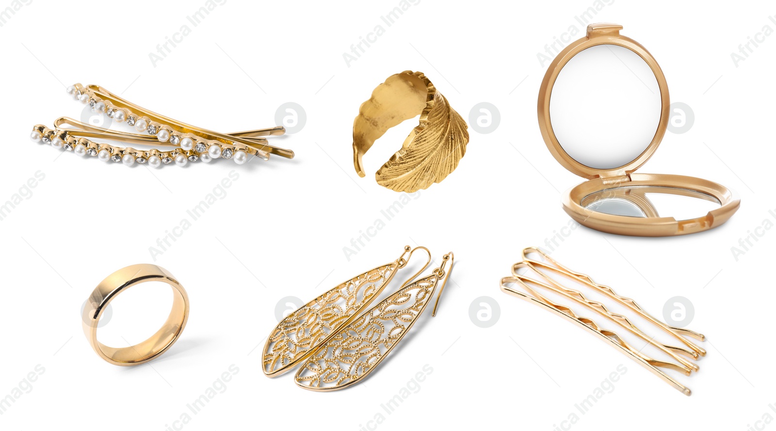 Image of Set of different gold jewelry, gilded hair pins and compact mirror on white background