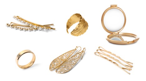 Image of Set of different gold jewelry, gilded hair pins and compact mirror on white background