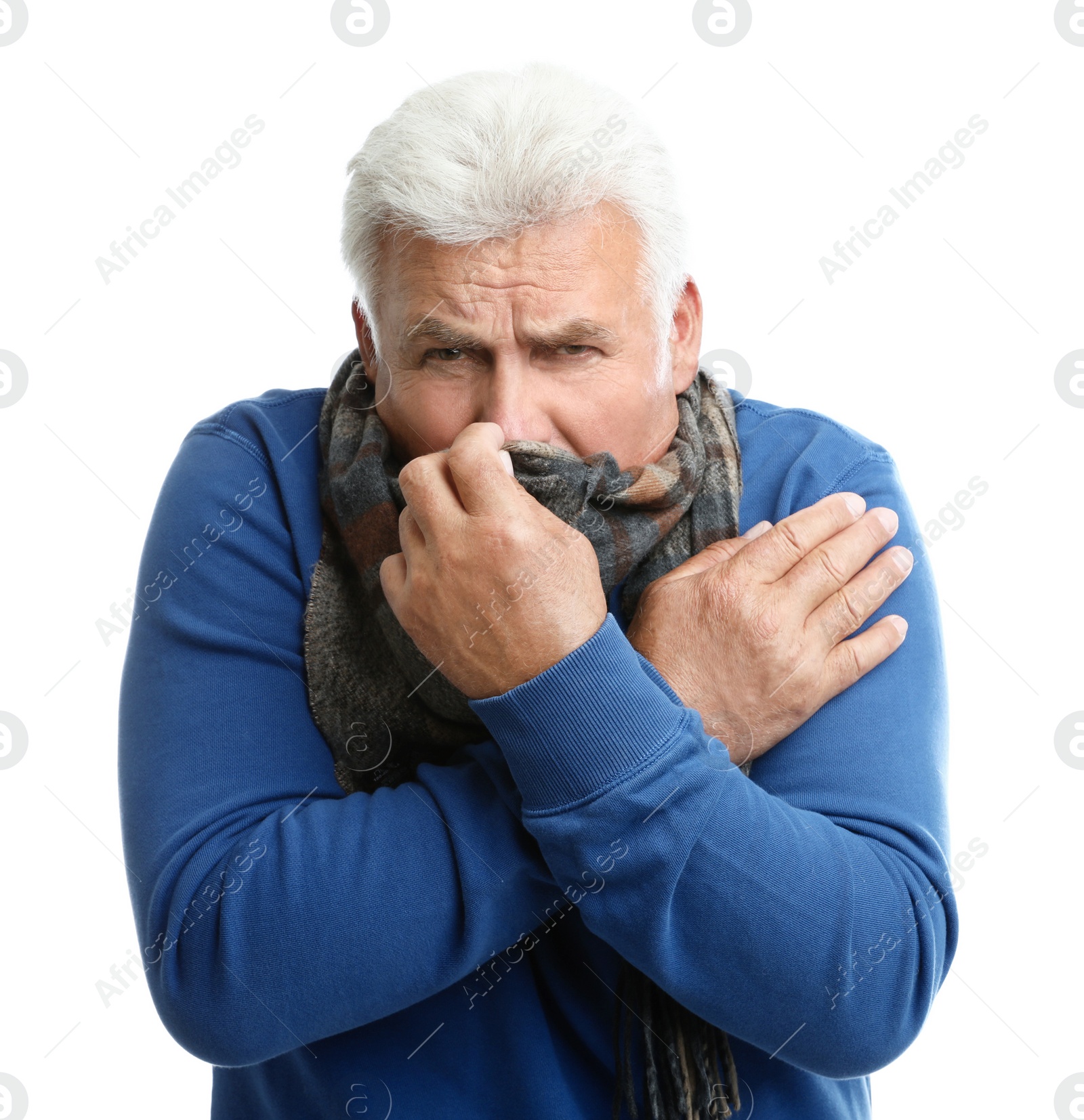 Photo of Mature man suffering from cold on white background