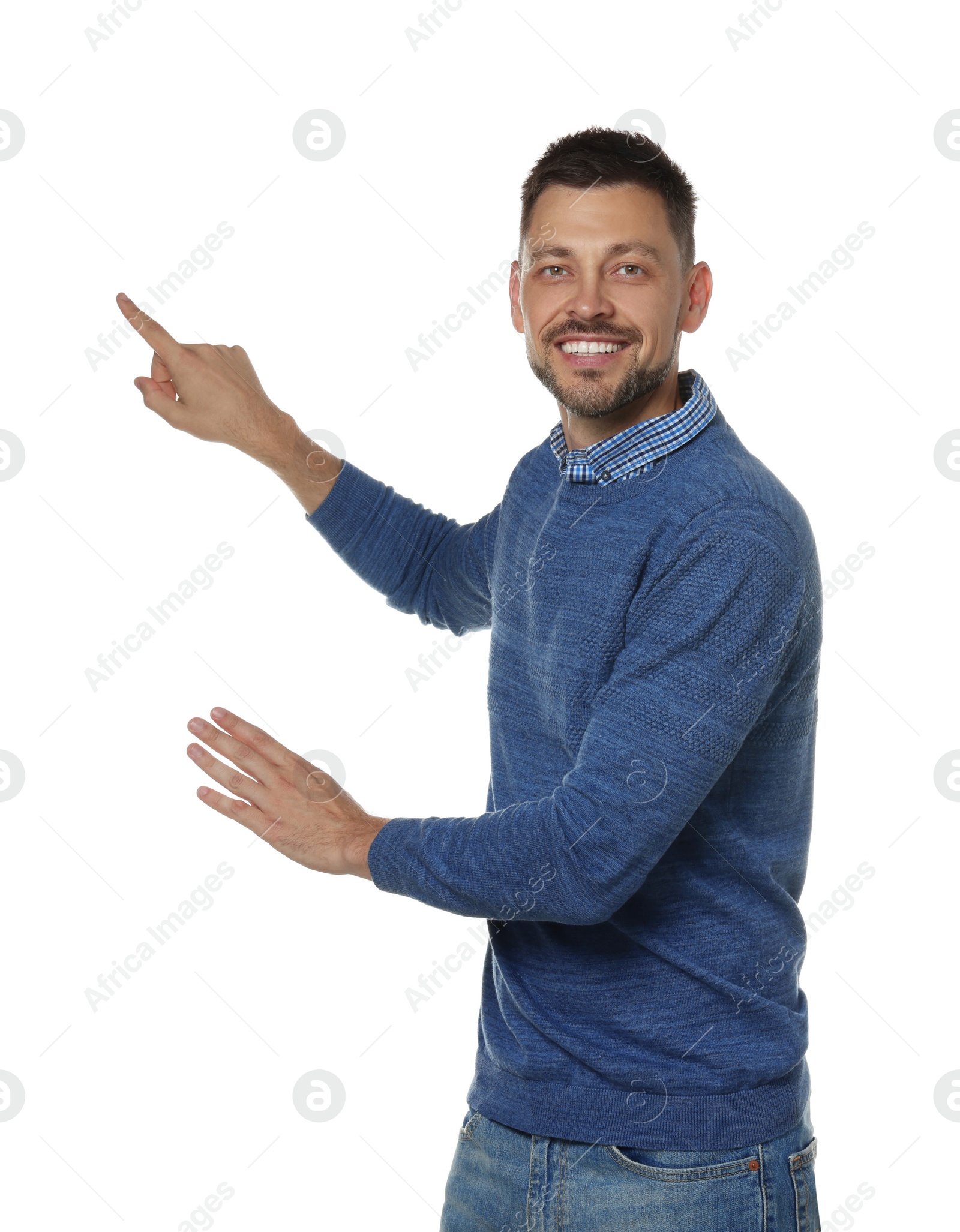 Photo of Handsome man gesturing on white background. Weather forecast reporter