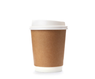 Photo of Takeaway paper coffee cup isolated on white