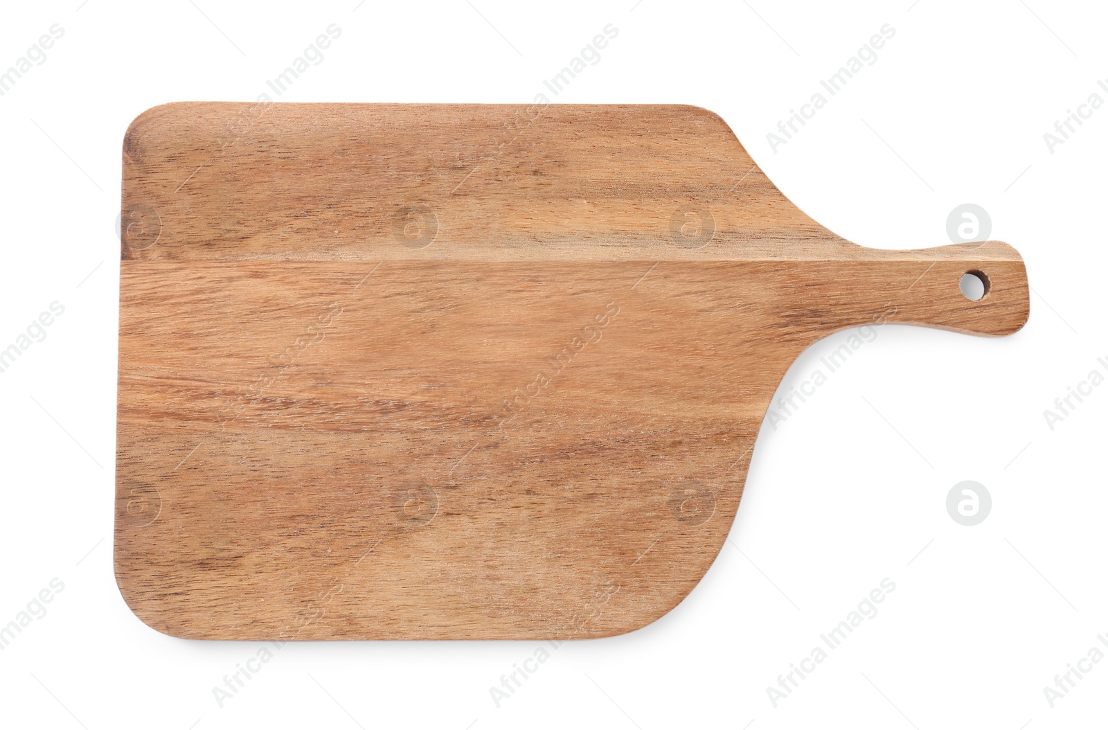 Photo of One wooden cutting board isolated on white, top view