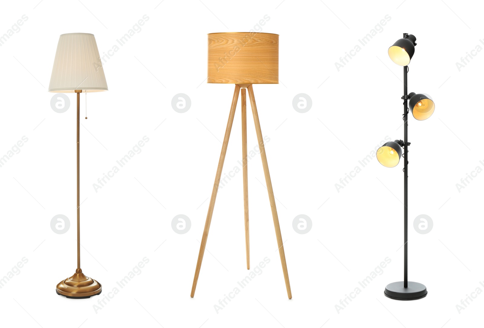 Image of Set with different stylish floor lamps on white background