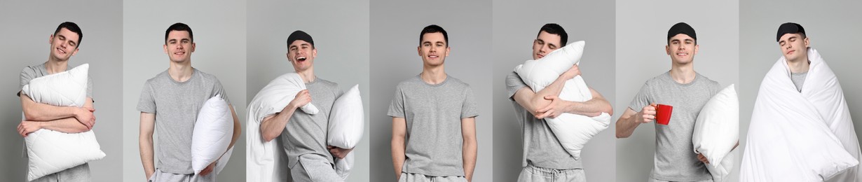 Image of Man in pajamas with pillow and blanket on light grey background, collage of photos