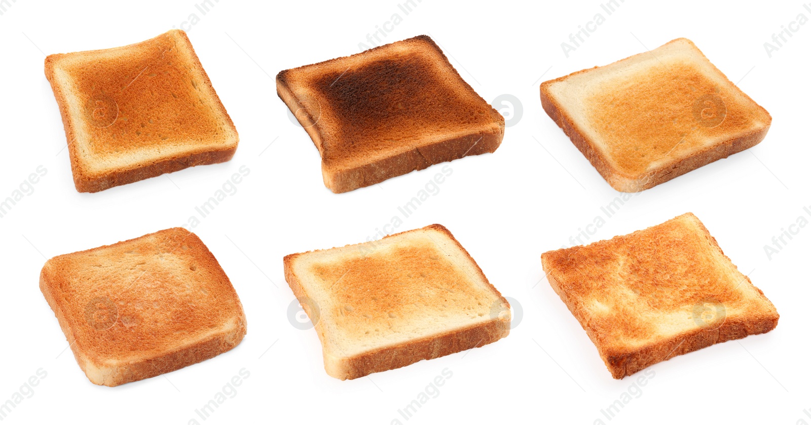 Image of Set with slices of tasty toasted bread on white background