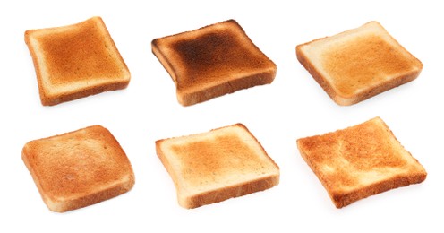 Set with slices of tasty toasted bread on white background