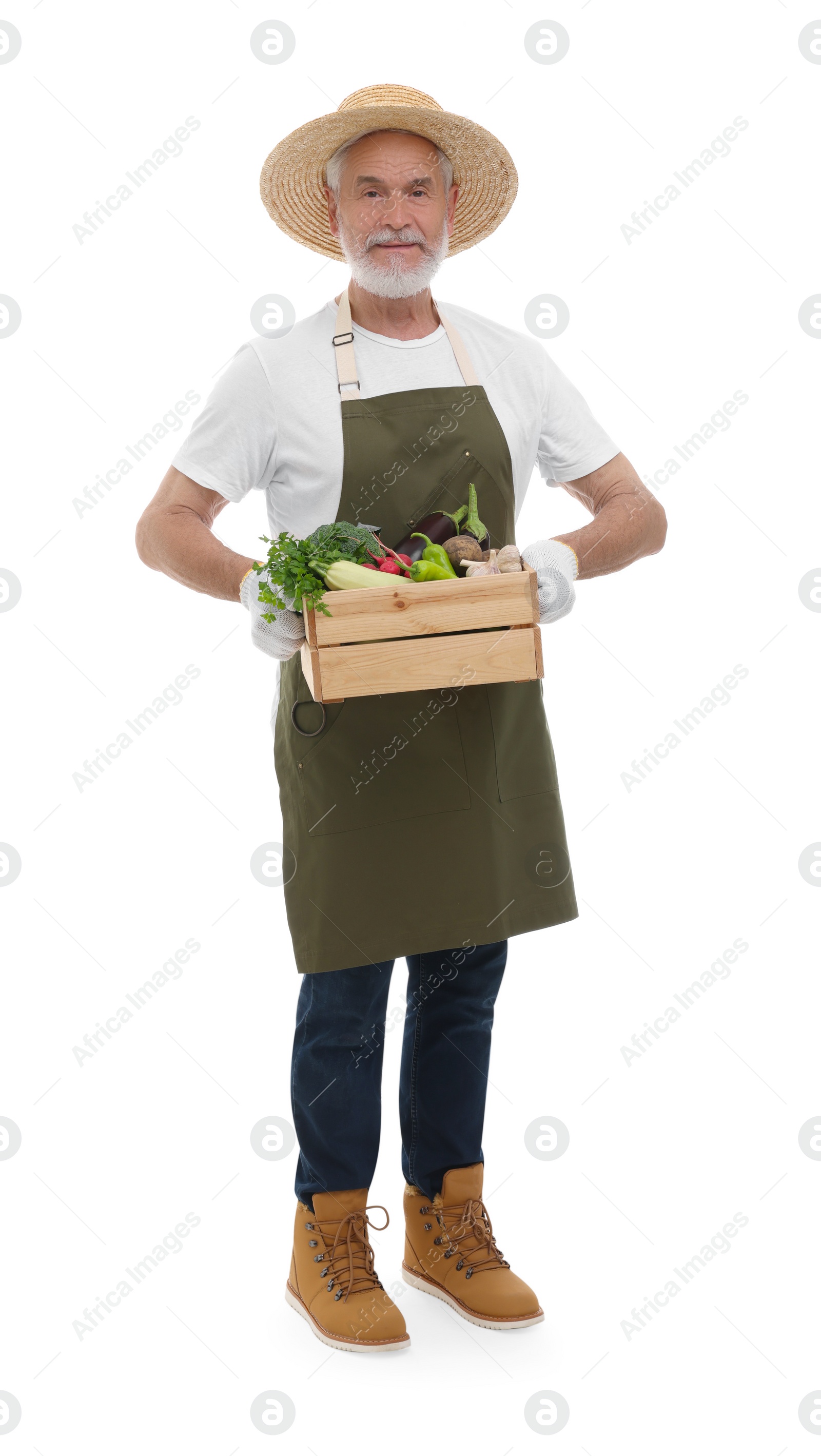 Photo of Harvesting season. Farmer holding wooden crate with vegetables on white background