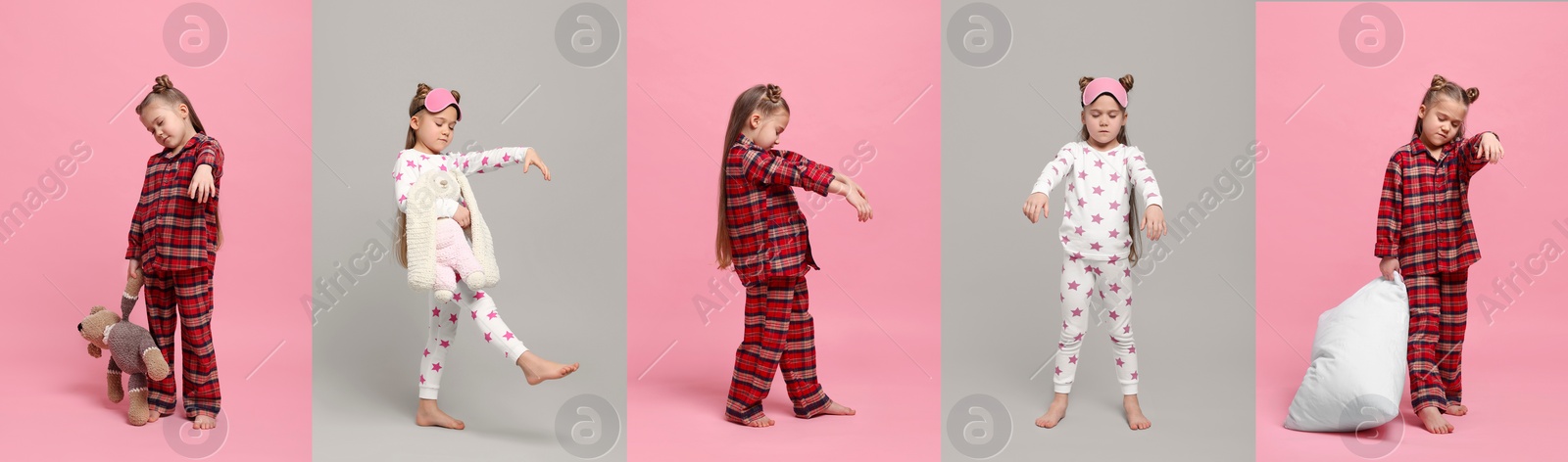 Image of Collage with photos of girl sleepwalking on different color backgrounds