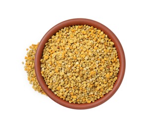 Fresh bee pollen granules in bowl isolated on white, top view