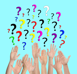 Collage of people raising hands and question marks on turquoise background, closeup