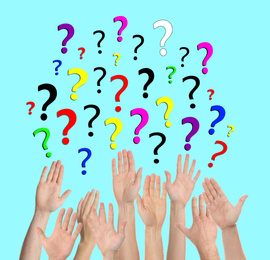 Image of Collage of people raising hands and question marks on turquoise background, closeup