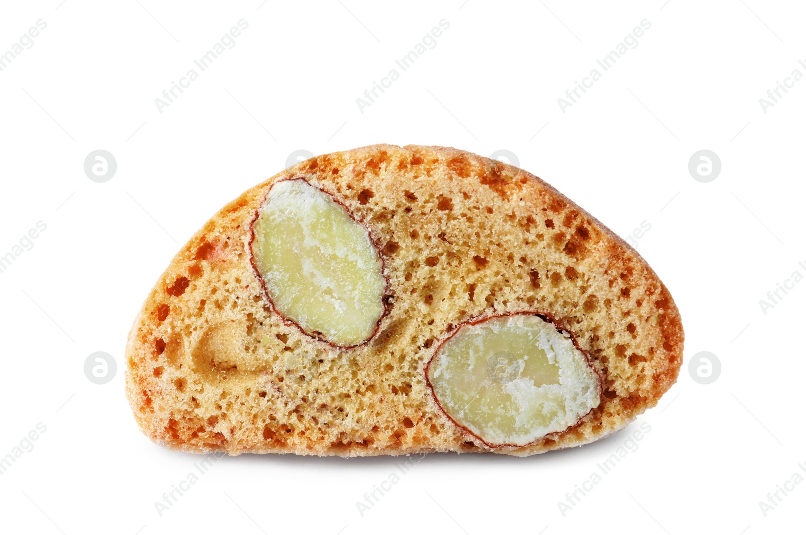 Photo of Slice of tasty cantucci isolated on white. Traditional Italian almond biscuits