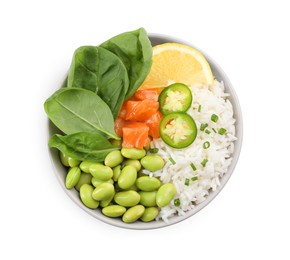 Photo of Poke bowl with salmon, edamame beans and vegetables isolated on white, top view
