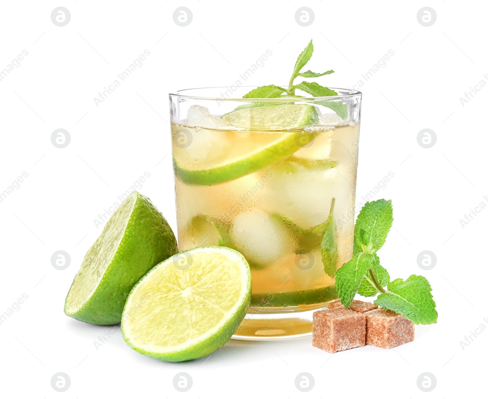 Photo of Glass of delicious mint julep cocktail on white background