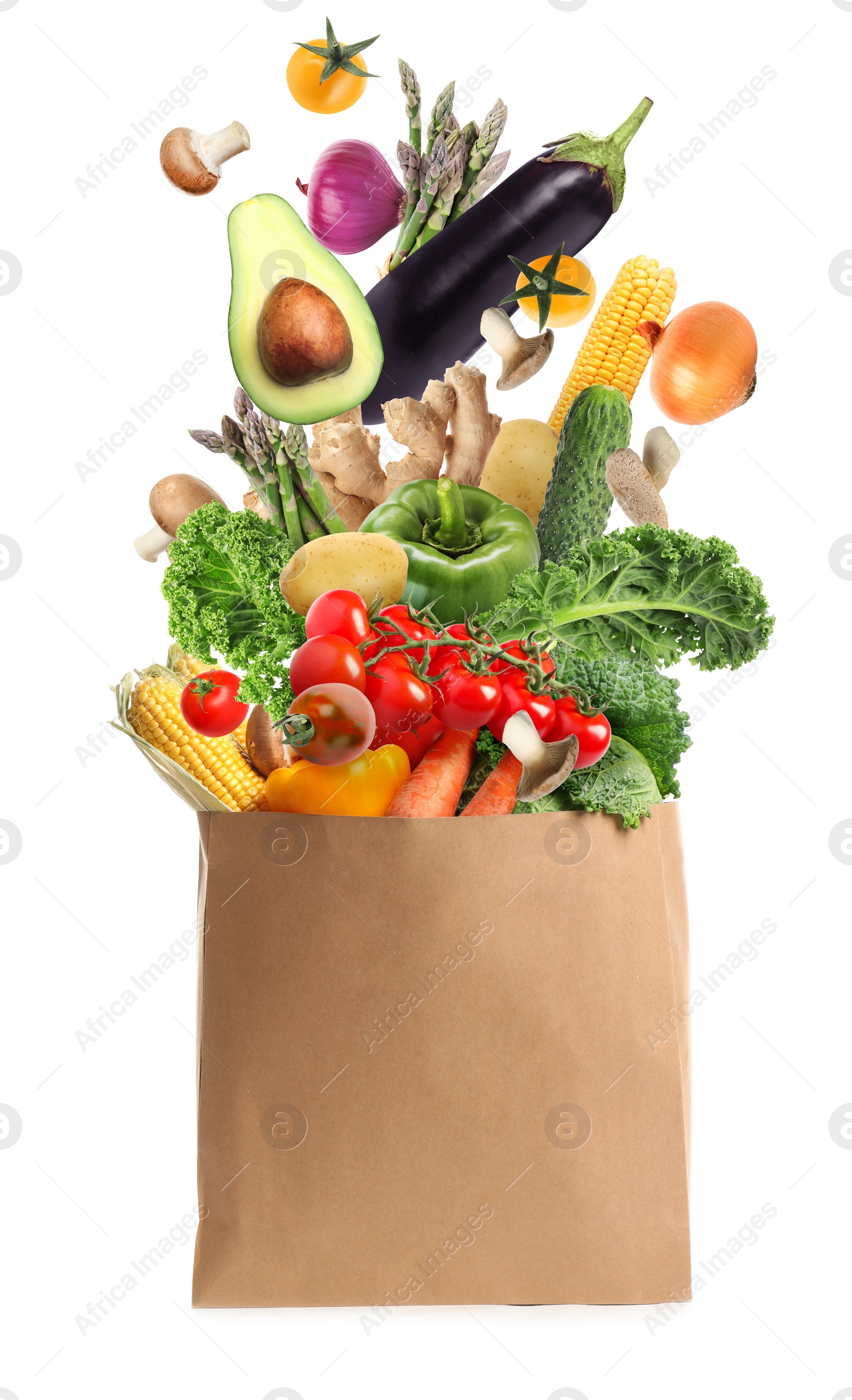 Image of Paper bag with vegetables on white background. Vegetarian food 