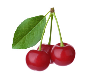 Photo of Sweet red cherries with leaf isolated on white